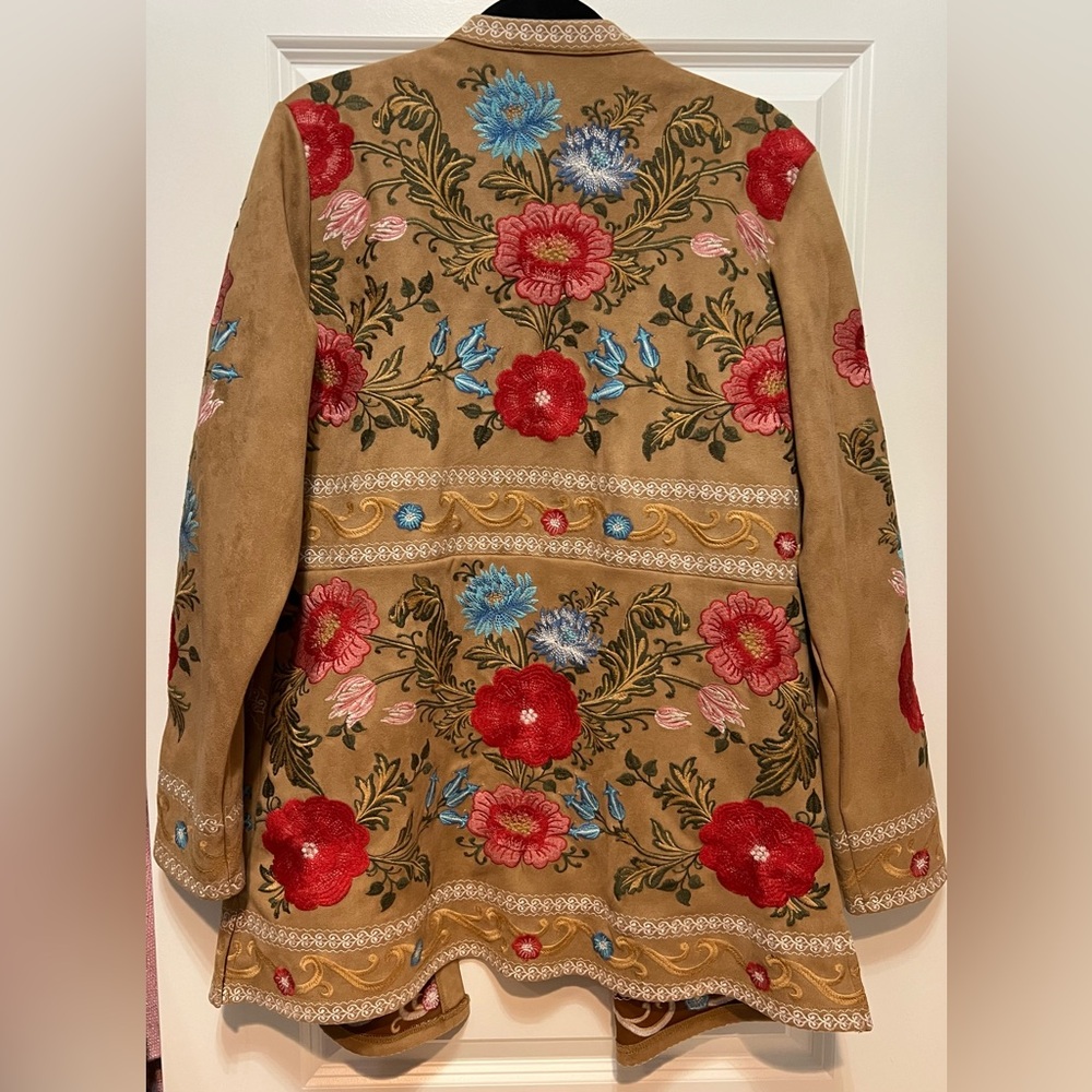 Savannah Jane Camel Faux Suede Embroidered Long Jacket Womens M/L Boho Hippie - Picture 6 of 9